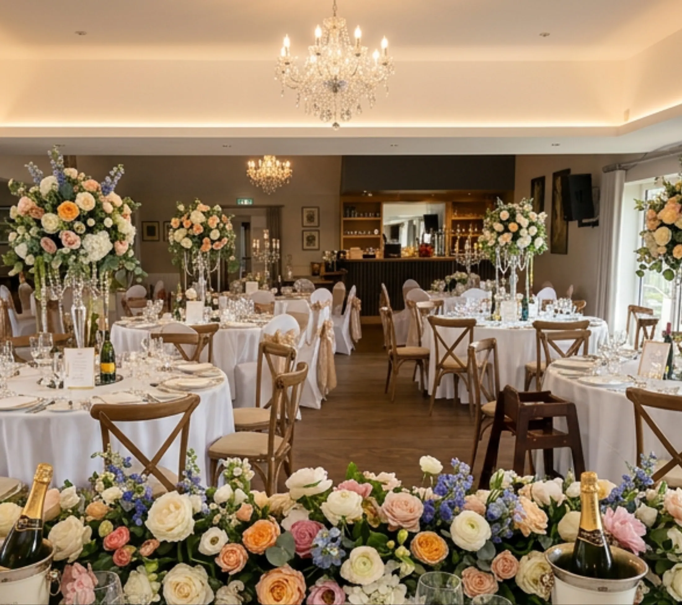 The Squires 1892 suite under its chandeliers, dressed for a wedding breakfast
